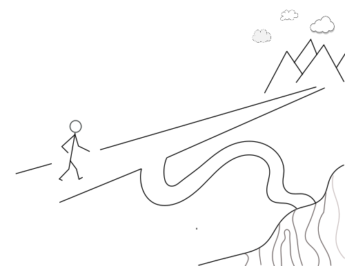 line drawing of road going to a mountain, and a side road that leads to a cliff