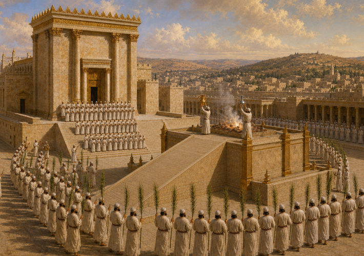 preists marching around the alter at the Jerusalem Temple