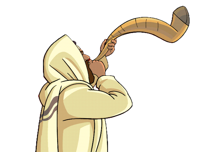 man wearing a tillit blowing a shofar